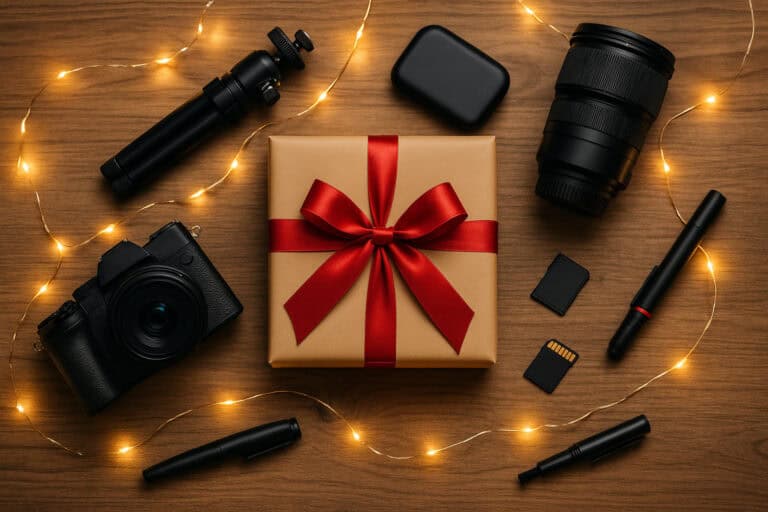 Flat lay photo of photography gear and a wrapped holiday gift, including a camera, lens, SD cards, tripod, and cleaning accessories — perfect for a photographer gift guide.