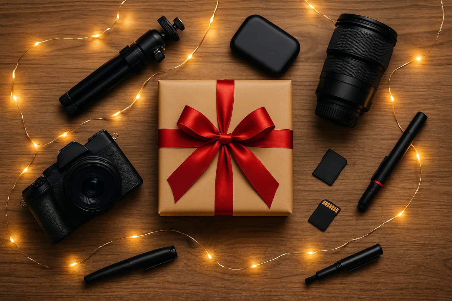 Flat lay photo of photography gear and a wrapped holiday gift, including a camera, lens, SD cards, tripod, and cleaning accessories — perfect for a photographer gift guide.