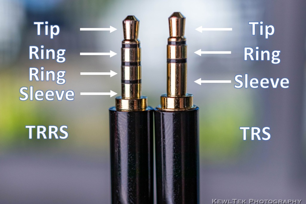 Image of TRS and TRRS 3.5mm connectors, with text denoting the Tip, Ring, and Sleeve sections of each connector.