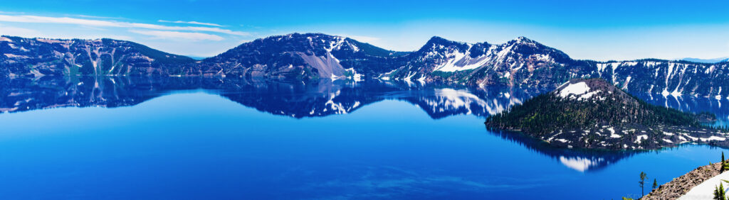 Panorama of Crater Lake, in Oregon, USA.