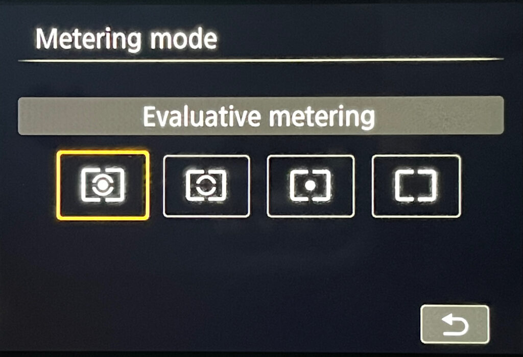 Image of Canon 80D camera settings menu where photographers select metering modes.