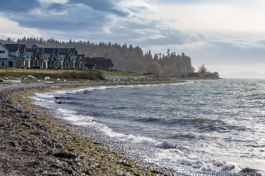 Photo of a curved shoreline whose lines lead to waterfront condominiums.  