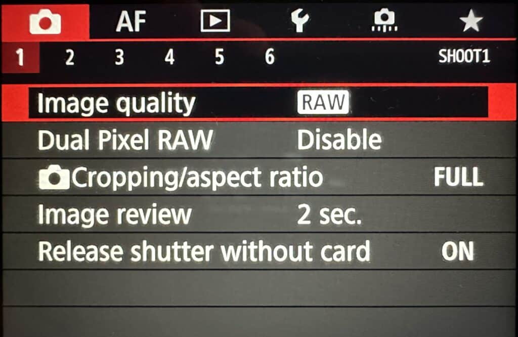 Screenshot of a Canon camera's menu as seen on the rear LCD screen showing the red camera menu, page 1, with "Image Quality" menu item selected.