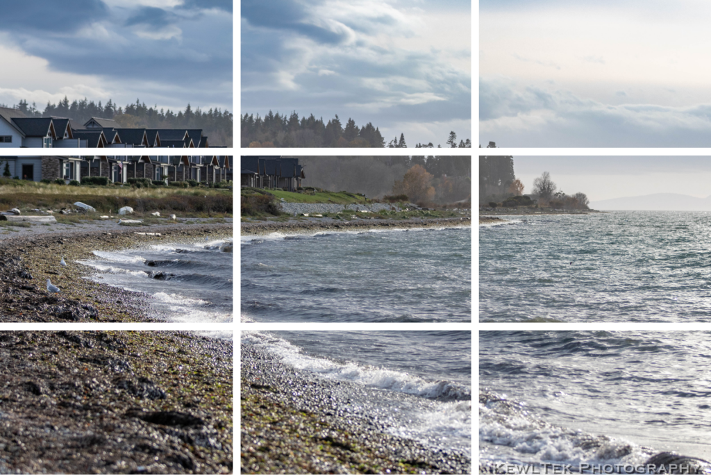 Image of a beach landscape scene with the rule of thirds gridlines drawn onto the photo.