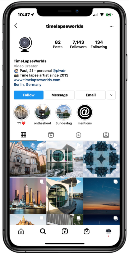 Image of a smartphone screen on a time-lapse Instagram page belonging to @timelapseworlds.