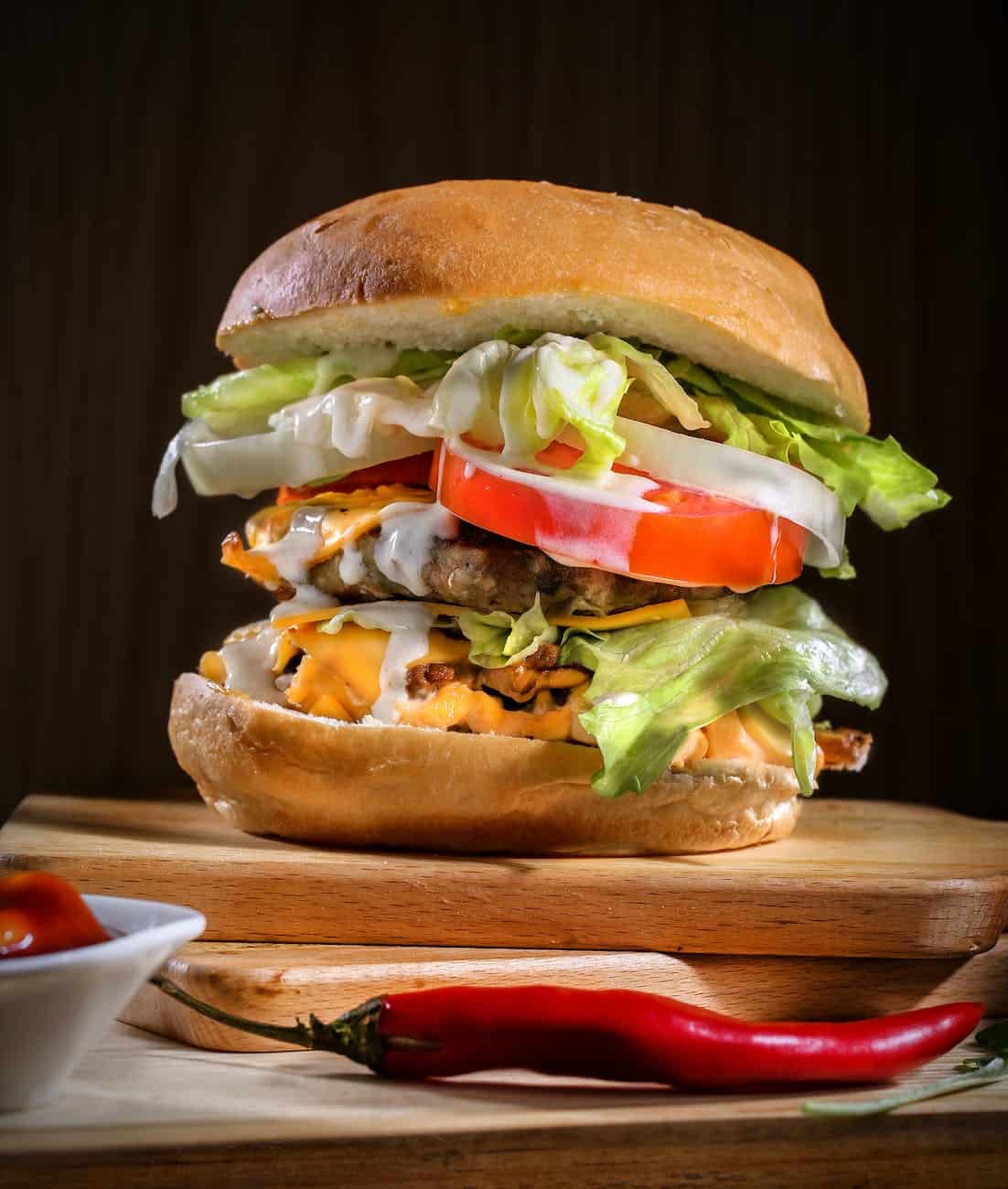 close up photo of a cheese burger