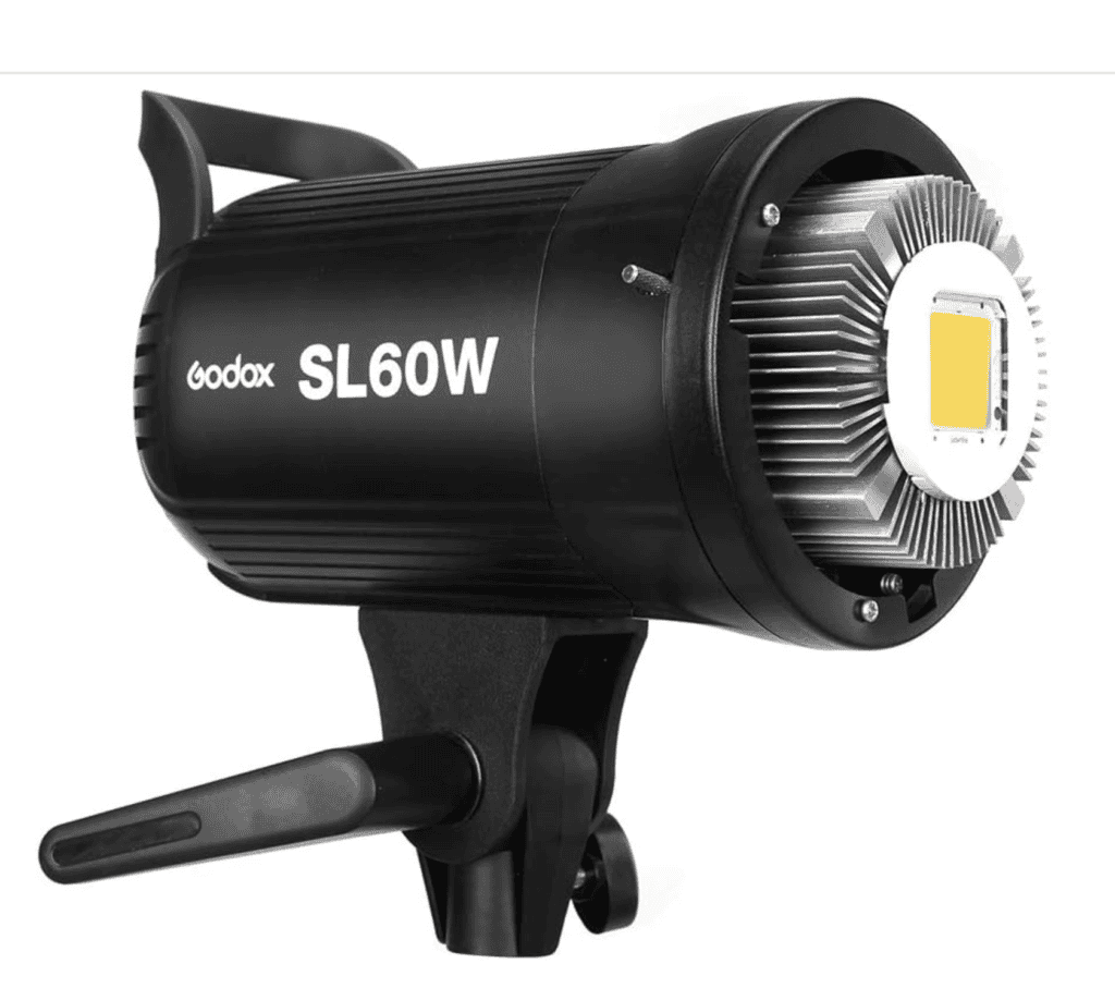 Godox SL60W continuous LED video light with light stand mount attached, shown in a studio product photo.