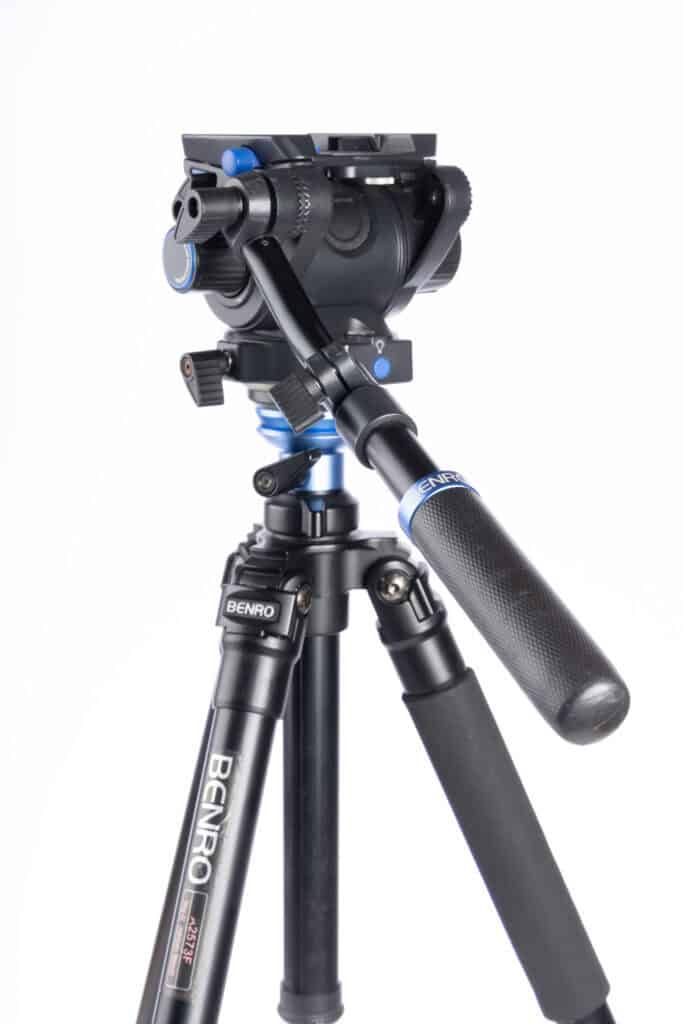 Benro A2573FS6 tripod with S6 PRO fluid head shown from the side, highlighting its aluminum legs, locking mechanisms, and sturdy build.