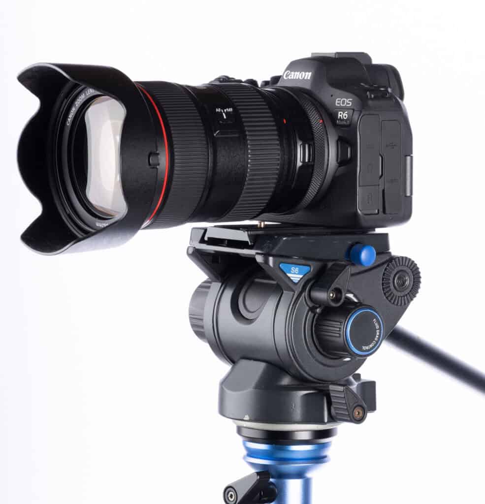 Canon EOS R6 Mark II mounted on a Benro S6 Pro fluid video head with a wide-angle lens attached, showcasing a professional hybrid photo-video setup.