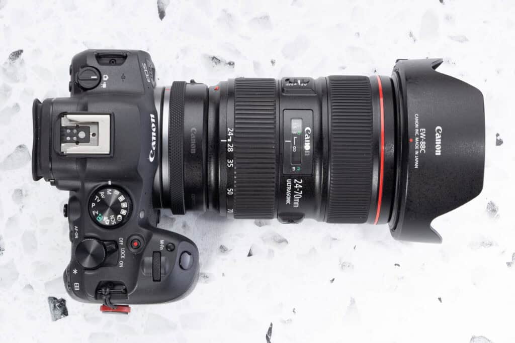 Canon EOS R6 Mark II paired with the Canon EF 24–70mm f/2.8L lens and hood, photographed from above on a bright, textured white background.