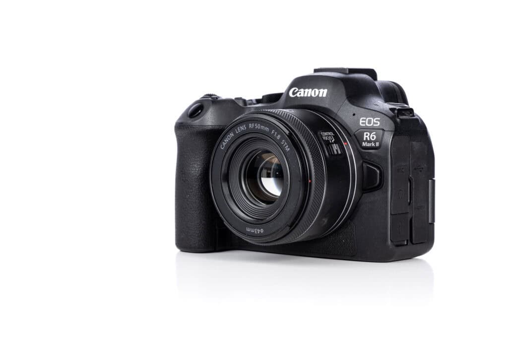 Canon EOS R6 Mark II mirrorless camera on a white background.